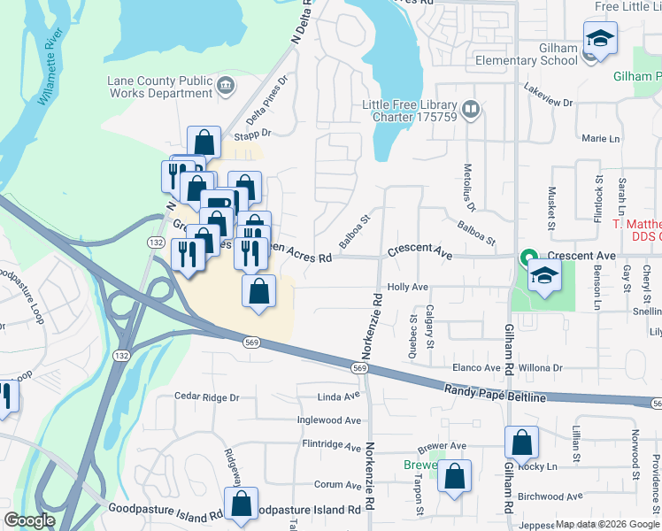 map of restaurants, bars, coffee shops, grocery stores, and more near 1490 Green Acres Road in Eugene