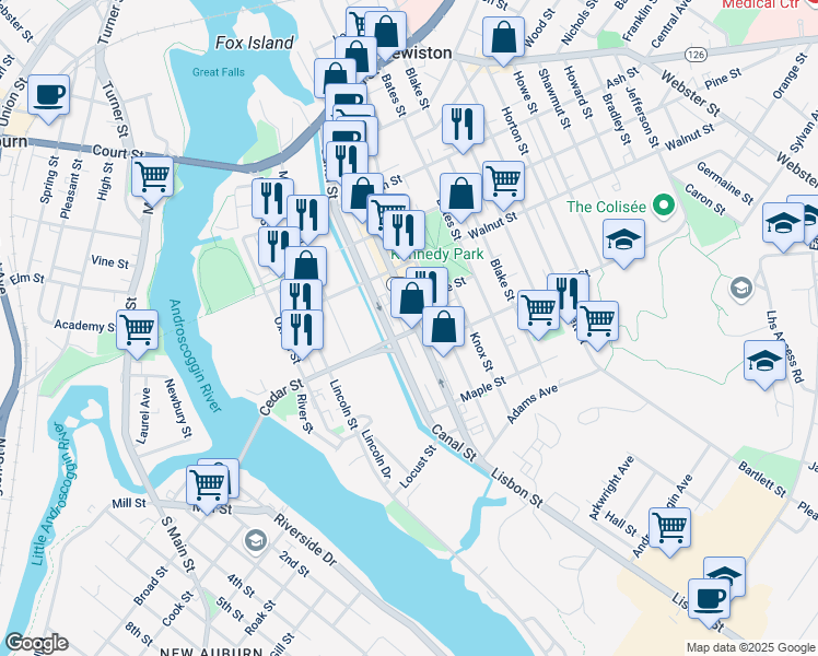 map of restaurants, bars, coffee shops, grocery stores, and more near 369 Lisbon Street in Lewiston