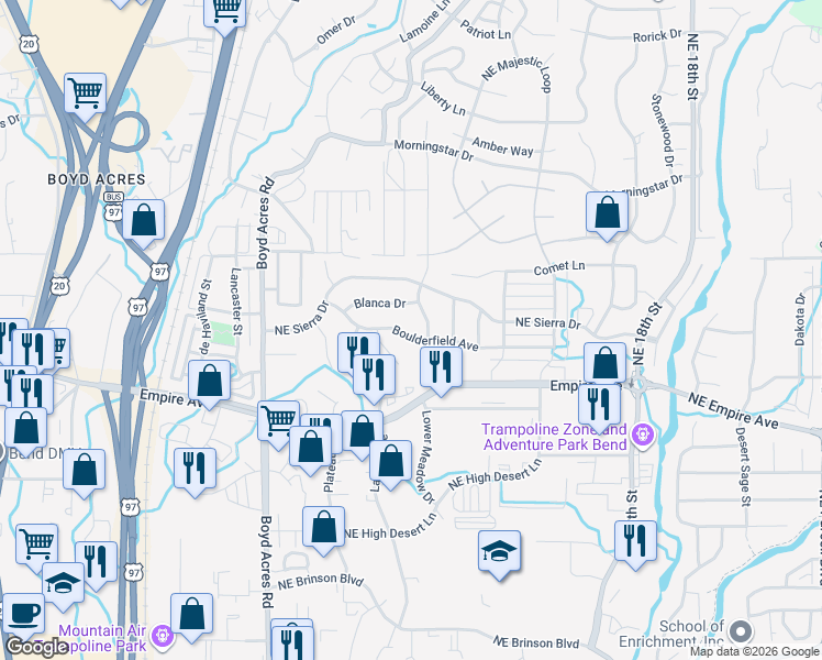 map of restaurants, bars, coffee shops, grocery stores, and more near 20678 Boulderfield Avenue in Bend