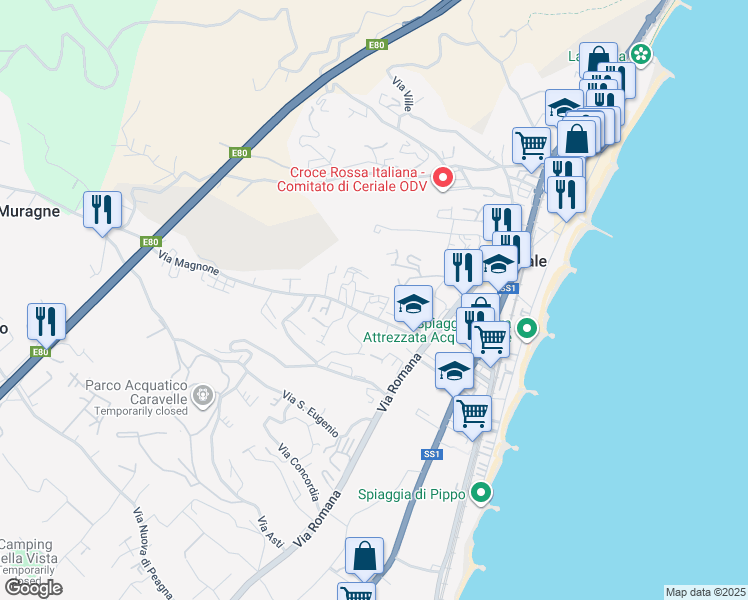 map of restaurants, bars, coffee shops, grocery stores, and more near 4 Via Alba in Ceriale