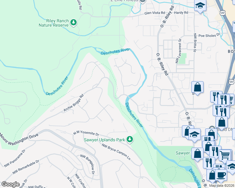 map of restaurants, bars, coffee shops, grocery stores, and more near 745 Archie Briggs Road in Bend