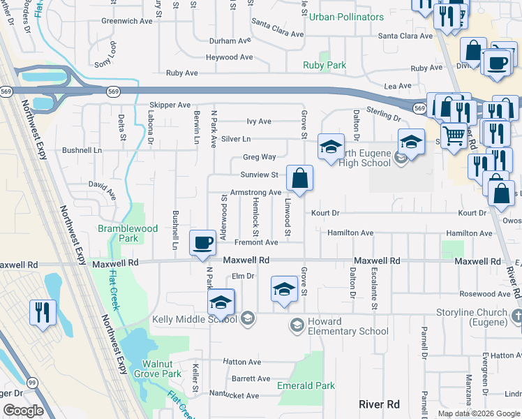 map of restaurants, bars, coffee shops, grocery stores, and more near 1793 Hemlock Street in Eugene