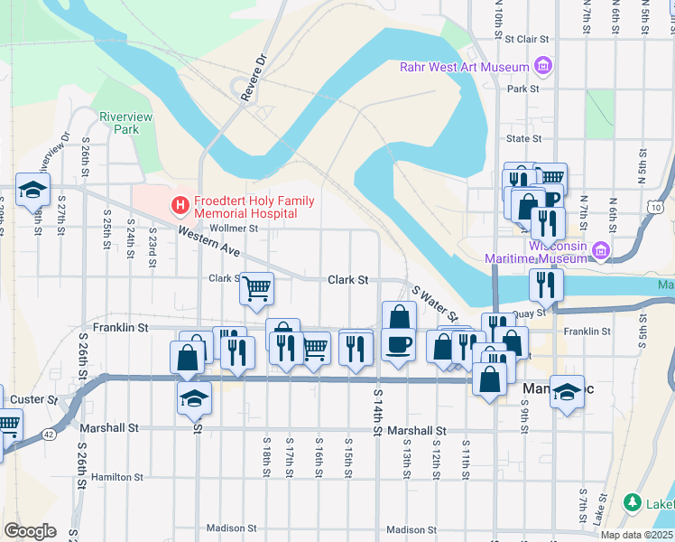 map of restaurants, bars, coffee shops, grocery stores, and more near 1424 Clark Street in Manitowoc