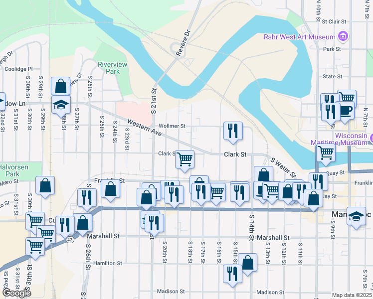 map of restaurants, bars, coffee shops, grocery stores, and more near 1808 Clark Street in Manitowoc