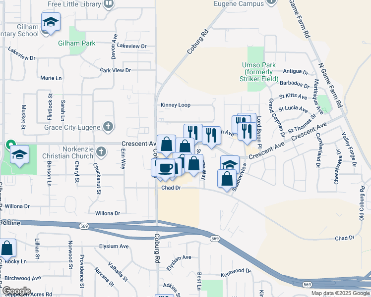 map of restaurants, bars, coffee shops, grocery stores, and more near 2834 Crescent Avenue in Eugene