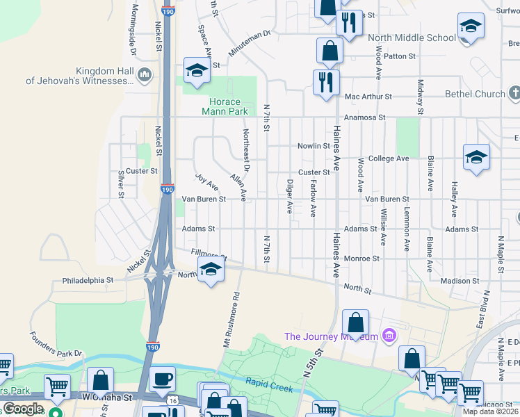 map of restaurants, bars, coffee shops, grocery stores, and more near 818 Allen Avenue in Rapid City