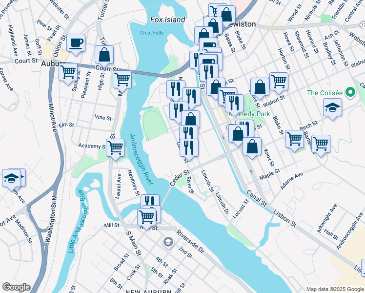 map of restaurants, bars, coffee shops, grocery stores, and more near 66 Oxford Street in Lewiston