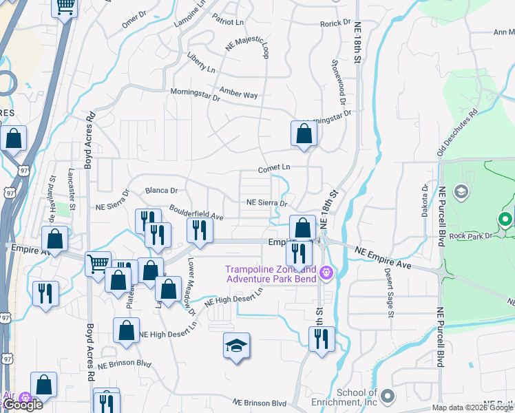 map of restaurants, bars, coffee shops, grocery stores, and more near 20781 Northeast Sierra Drive in Bend