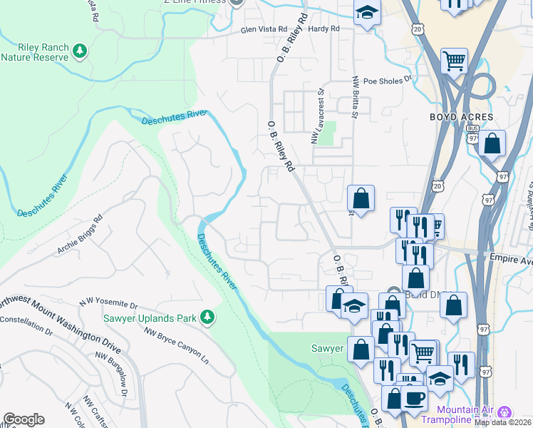 map of restaurants, bars, coffee shops, grocery stores, and more near 63138 Riverstone Drive in Bend