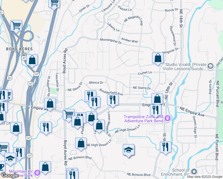 map of restaurants, bars, coffee shops, grocery stores, and more near 63154 Peale Street in Bend
