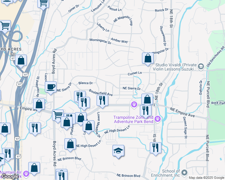 map of restaurants, bars, coffee shops, grocery stores, and more near 63148 Northeast Hadley Place in Bend