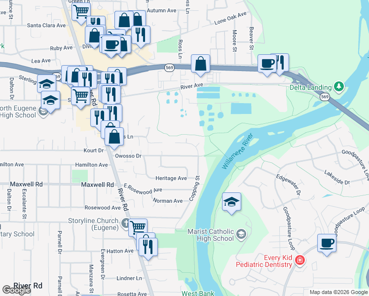 map of restaurants, bars, coffee shops, grocery stores, and more near 318 Carolyn Drive in Eugene