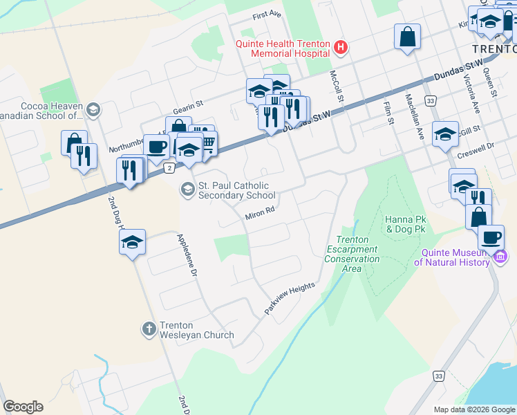 map of restaurants, bars, coffee shops, grocery stores, and more near 21 Miron Road in Quinte West