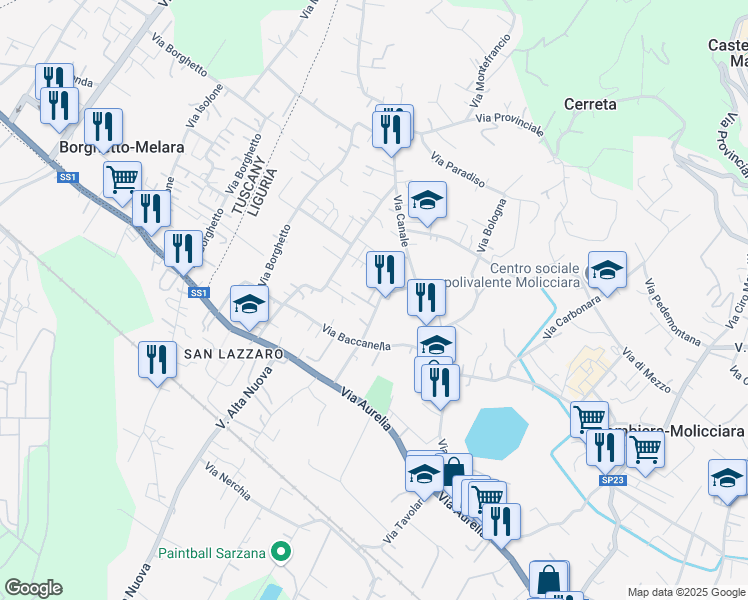 map of restaurants, bars, coffee shops, grocery stores, and more near 12 Via Aglione in Colombiera-molicciara