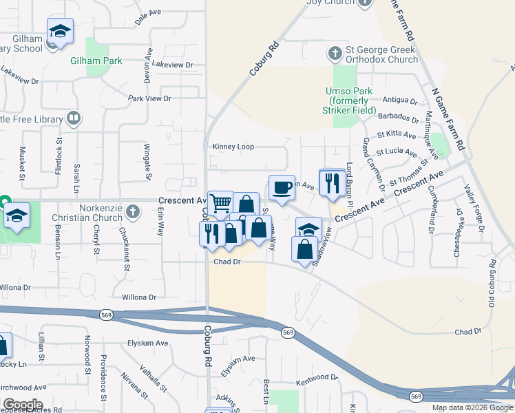 map of restaurants, bars, coffee shops, grocery stores, and more near 2840 Crescent Avenue in Eugene