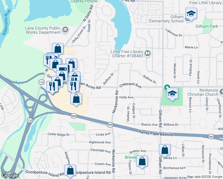 map of restaurants, bars, coffee shops, grocery stores, and more near 1550 Green Acres Road in Eugene