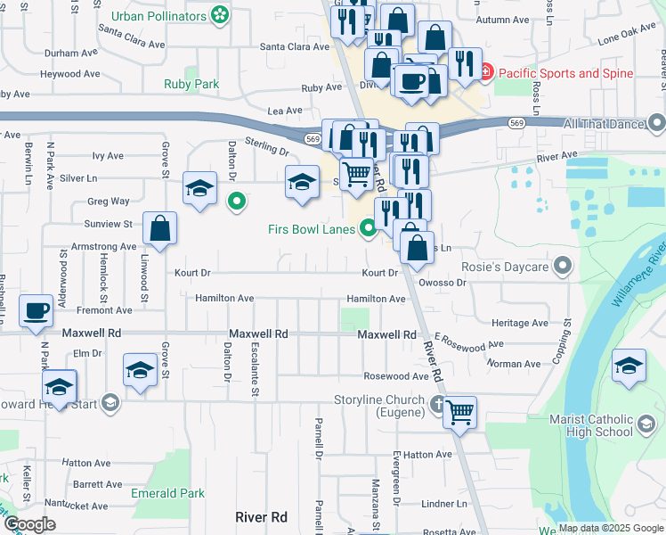 map of restaurants, bars, coffee shops, grocery stores, and more near 205 Kourt Drive in Eugene