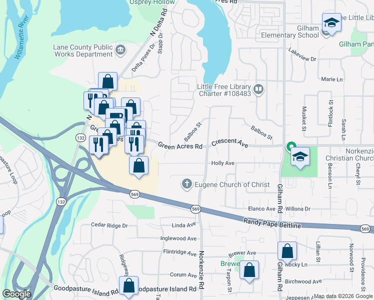 map of restaurants, bars, coffee shops, grocery stores, and more near 1490 Green Acres Road in Eugene