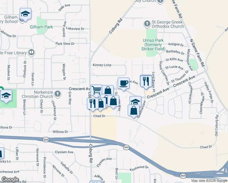 map of restaurants, bars, coffee shops, grocery stores, and more near 2840 Crescent Avenue in Eugene