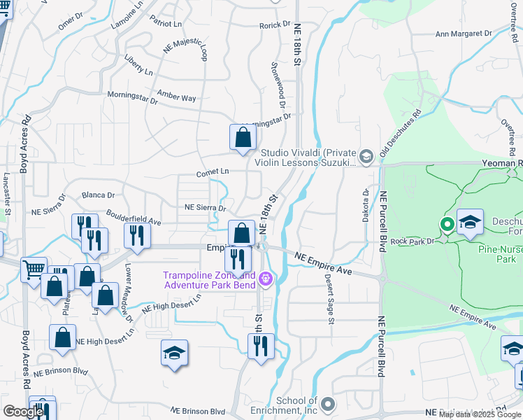 map of restaurants, bars, coffee shops, grocery stores, and more near 20850 Northeast Sierra Drive in Bend