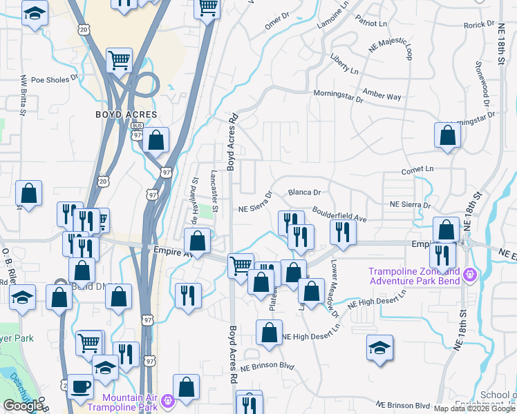 map of restaurants, bars, coffee shops, grocery stores, and more near 20605 Northeast Sierra Drive in Bend
