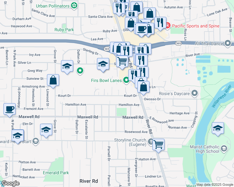 map of restaurants, bars, coffee shops, grocery stores, and more near 205 Kourt Drive in Eugene