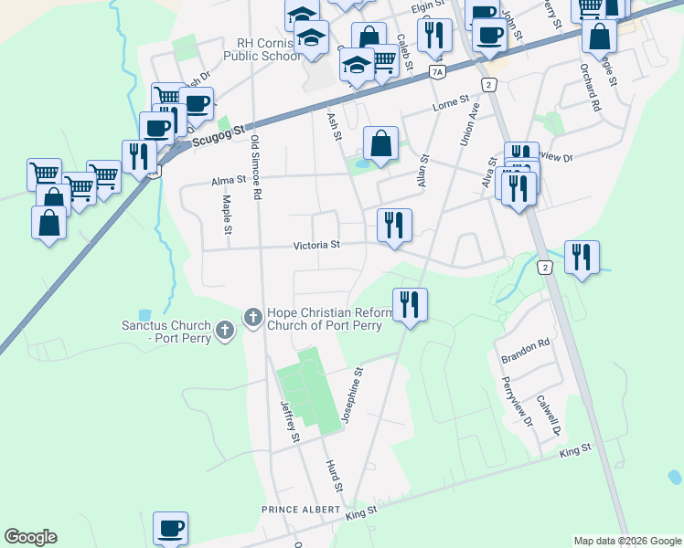 map of restaurants, bars, coffee shops, grocery stores, and more near 22 Steinway Drive in Regional Municipality of Durham