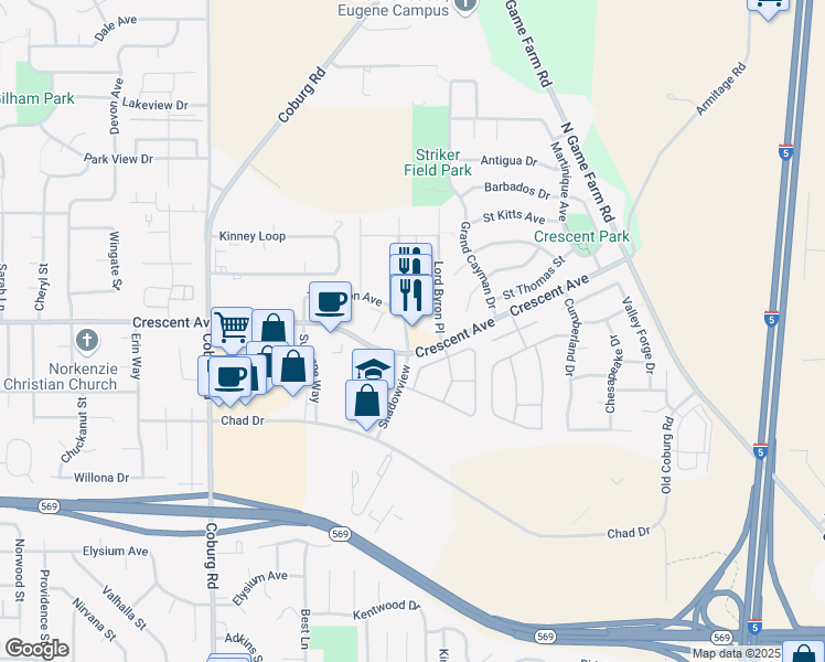 map of restaurants, bars, coffee shops, grocery stores, and more near 2729 Shadow View Drive in Eugene