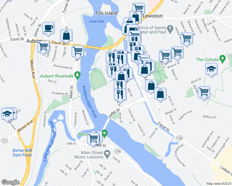 map of restaurants, bars, coffee shops, grocery stores, and more near 64 Oxford Street in Lewiston