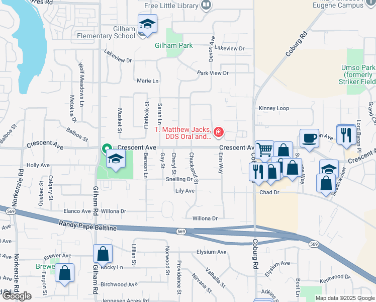 map of restaurants, bars, coffee shops, grocery stores, and more near 2680 Chuckanut Street in Eugene