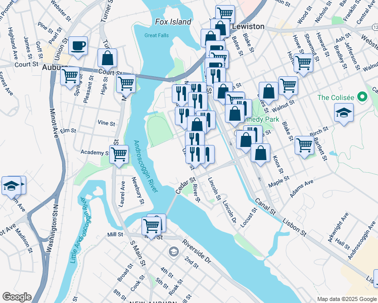 map of restaurants, bars, coffee shops, grocery stores, and more near 161 Lincoln Street in Lewiston