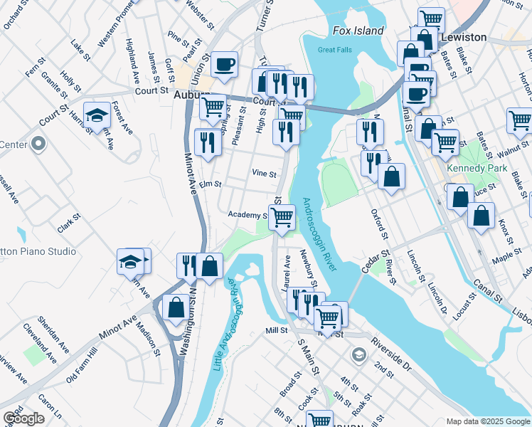 map of restaurants, bars, coffee shops, grocery stores, and more near 11 Academy Street in Auburn