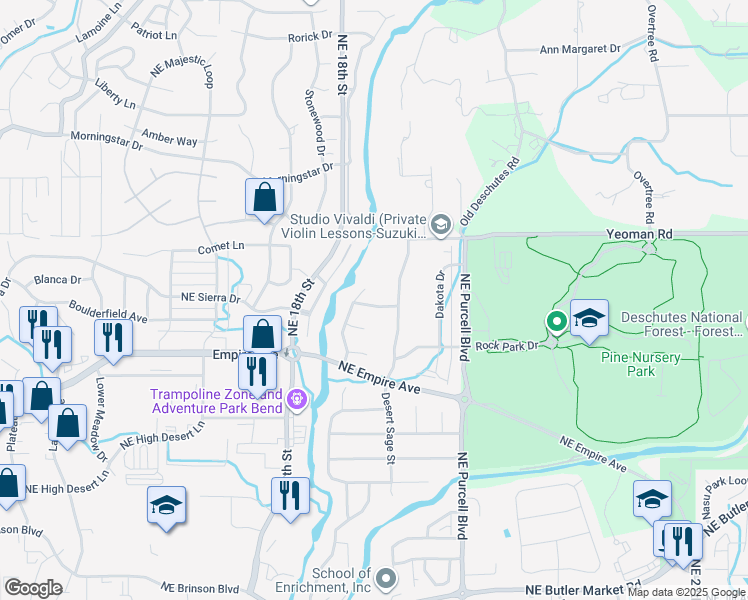 map of restaurants, bars, coffee shops, grocery stores, and more near 20949 Lava Flow Lane in Bend