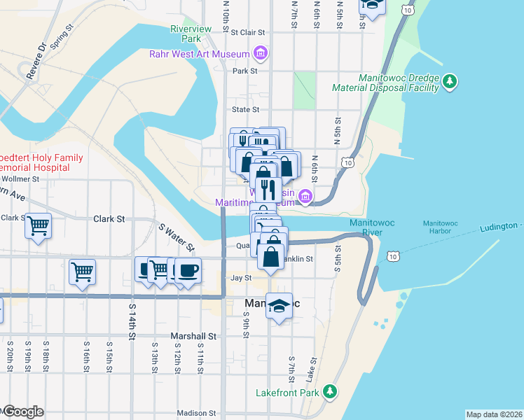 map of restaurants, bars, coffee shops, grocery stores, and more near 2 North 8th Street in Manitowoc