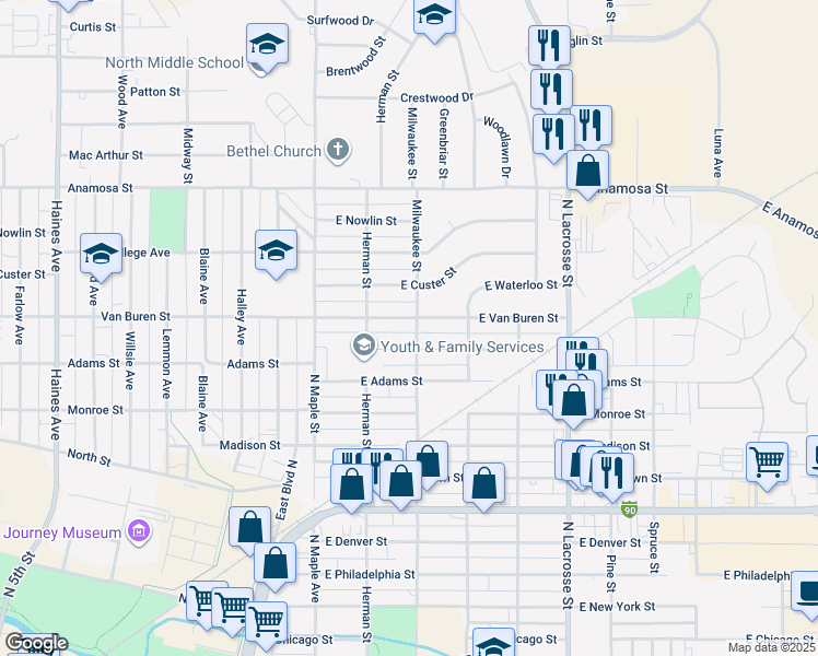 map of restaurants, bars, coffee shops, grocery stores, and more near 231 East Van Buren Street in Rapid City