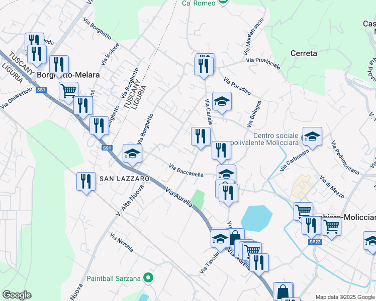 map of restaurants, bars, coffee shops, grocery stores, and more near 12 Via Aglione in Colombiera-molicciara