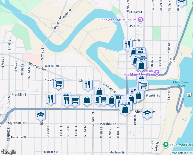 map of restaurants, bars, coffee shops, grocery stores, and more near 1310 Clark Street in Manitowoc