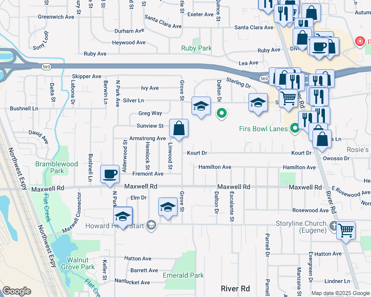 map of restaurants, bars, coffee shops, grocery stores, and more near 1827 Grove Street in Eugene