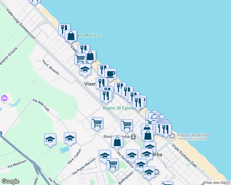 map of restaurants, bars, coffee shops, grocery stores, and more near 1 Viale Pedrizzi in Rimini