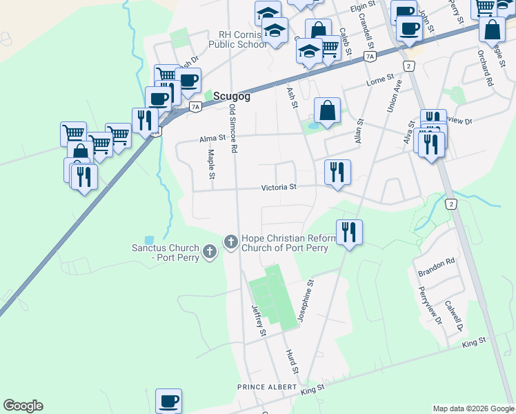 map of restaurants, bars, coffee shops, grocery stores, and more near 97 Steinway Drive in Port Perry
