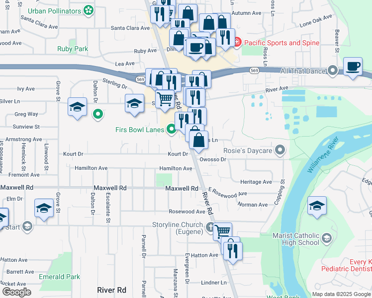 map of restaurants, bars, coffee shops, grocery stores, and more near 1880 River Road in Eugene