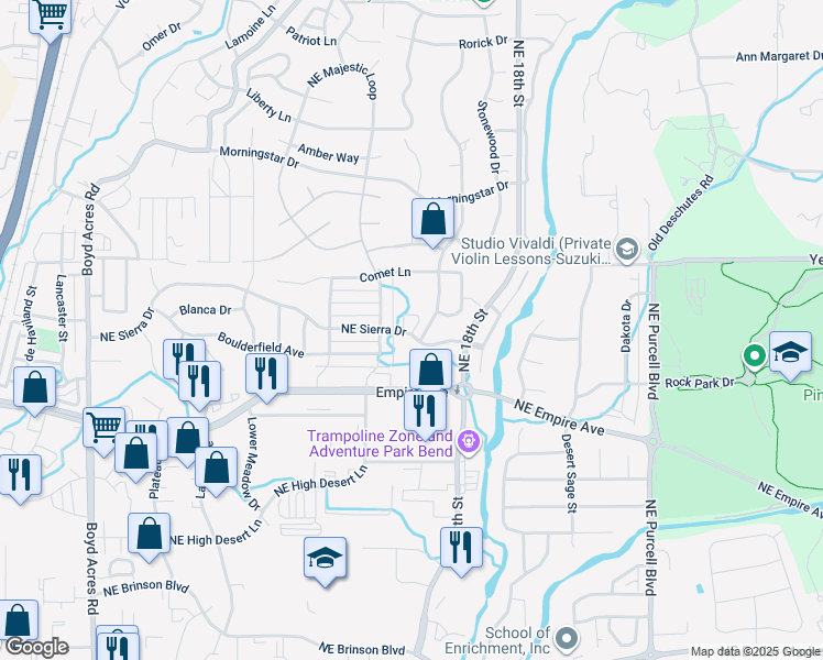map of restaurants, bars, coffee shops, grocery stores, and more near 20814 Northeast Sierra Drive in Bend