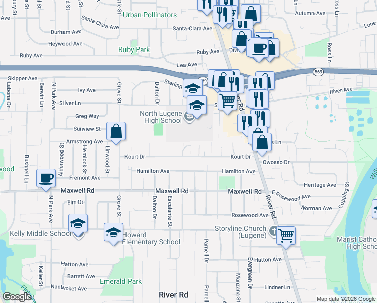 map of restaurants, bars, coffee shops, grocery stores, and more near 335 Kourt Drive in Eugene