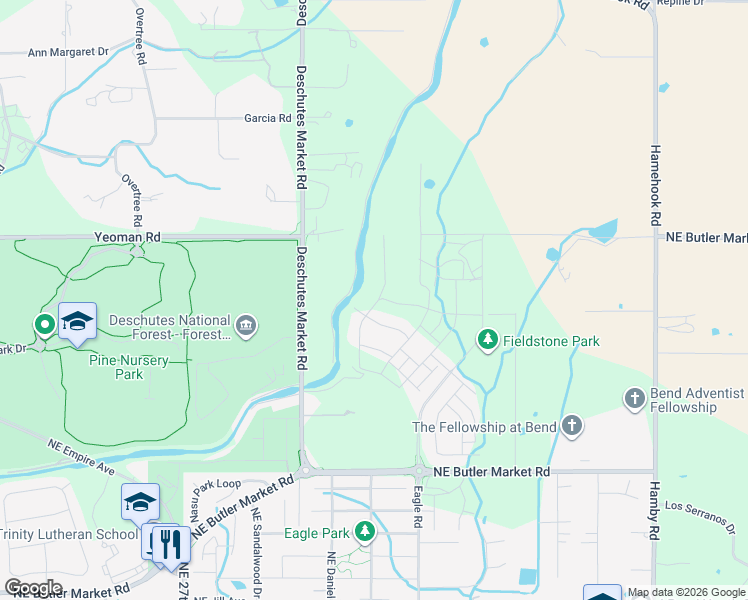 map of restaurants, bars, coffee shops, grocery stores, and more near 63135 Cole Road in Bend