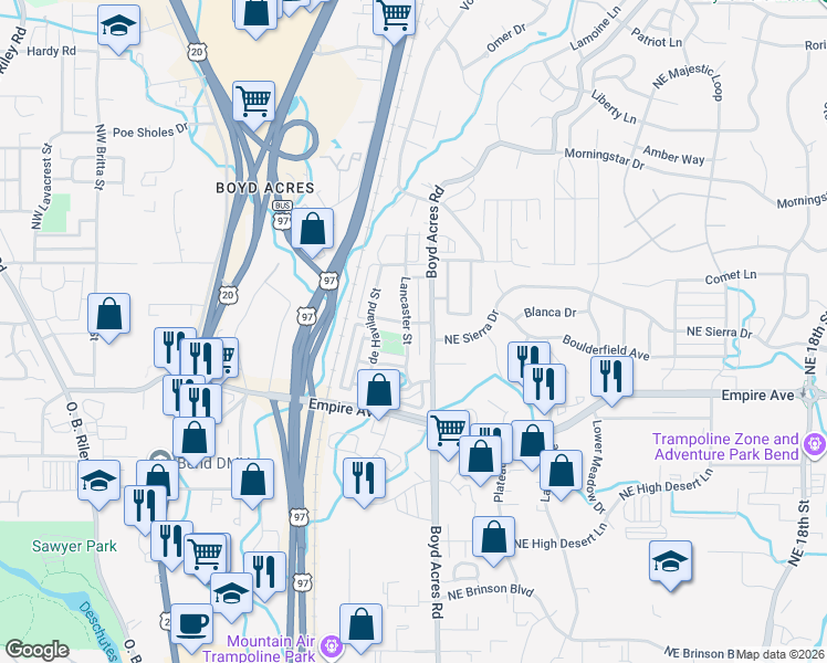 map of restaurants, bars, coffee shops, grocery stores, and more near 63147 Boyd Acres Road in Bend