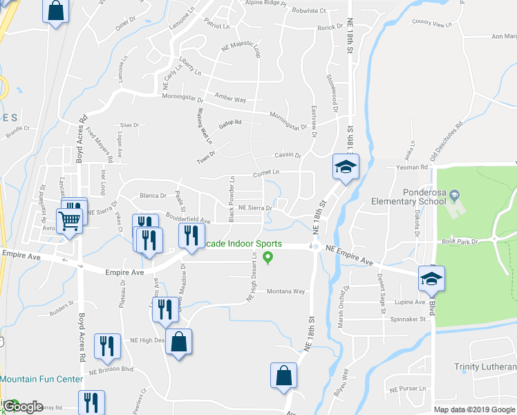map of restaurants, bars, coffee shops, grocery stores, and more near 20769 Northeast Sierra Drive in Bend