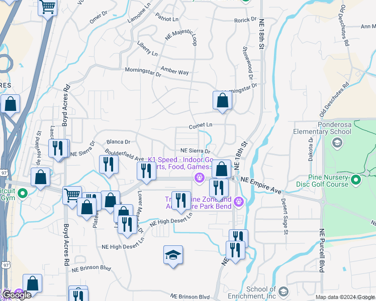 map of restaurants, bars, coffee shops, grocery stores, and more near 20769 Northeast Sierra Drive in Bend