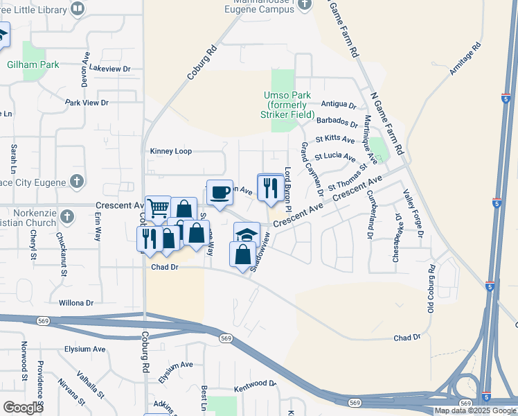 map of restaurants, bars, coffee shops, grocery stores, and more near 2745 Shadow View Drive in Eugene