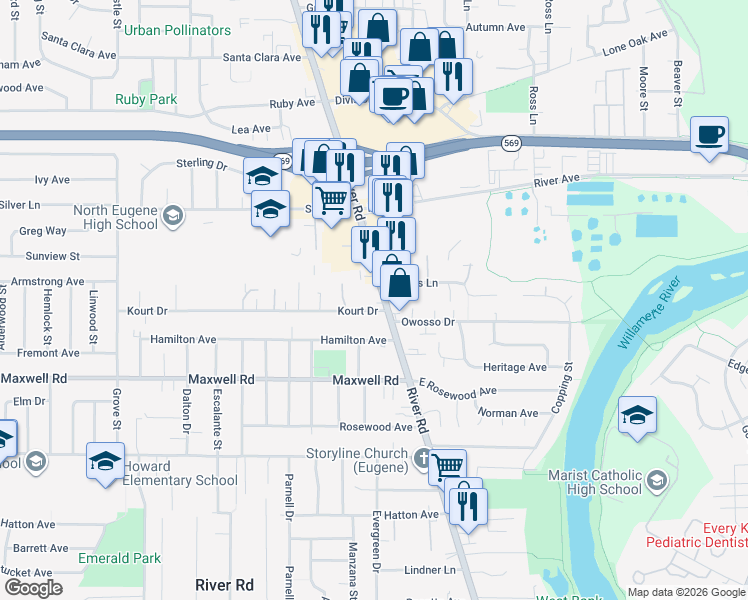 map of restaurants, bars, coffee shops, grocery stores, and more near 1880 River Road in Eugene