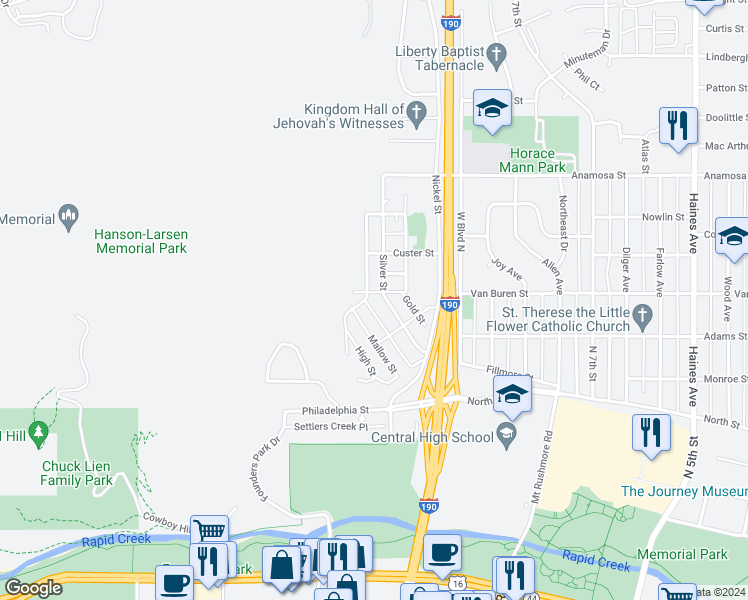 map of restaurants, bars, coffee shops, grocery stores, and more near 831 Silver Street in Rapid City
